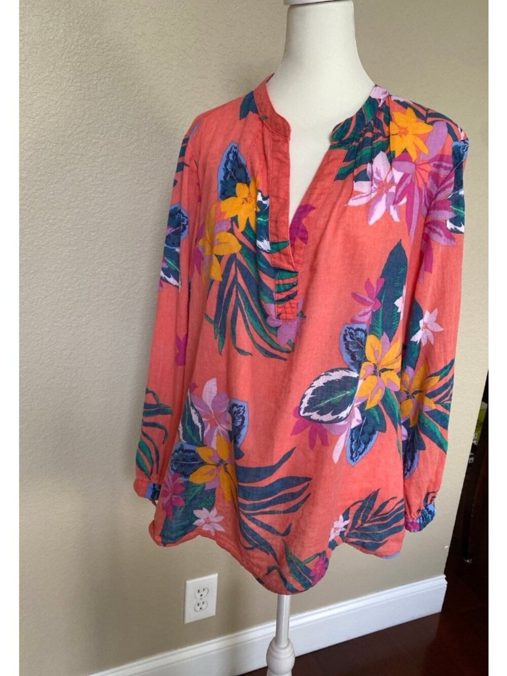 Old Navy Orange Pink Green Hawaiian Print Linen Cotton Top Size Large 12-14